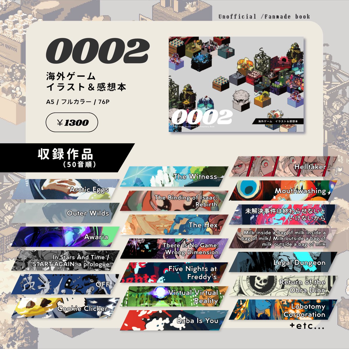 gyunyu_5959's tweet image. 1/25　TOKYO FES Jan.2026 【UNLIMITED EX 21】新刊サンプル

【ooo2】steam中心海外非公式ゲームイラスト＋感想本（フルカラー76P/1300円）

作品毎印象深かった事を振り返りながら記録した備忘録のような本。20作品+α収録。
国さん（@tikyu_bakuhatsu）との合同誌です。