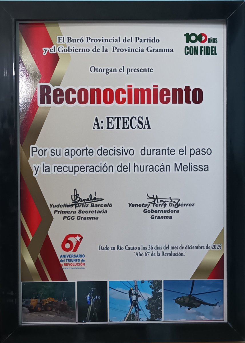 Recibió <a href="/ETECSA_Cuba/">ETECSA</a> en #Granma reconocimiento por su labor durante el paso y la recuperación del huracán Melissa. #EtecsaConCuba <a href="/LidiaHid/">Lidia E. Hidalgo Rodríguez 🇨🇺🇨🇺♥️</a> <a href="/EtecsaServicios/">Etecsa_Cuba Servicios</a> <a href="/ElbaBallate/">Elba Rosa Pérez Ballate 🌹🇨🇺🌴</a> <a href="/FonsecaOsmely/">Osmely Yudinich Fonseca Rosabal</a> <a href="/YudelkisOrtizB/">Yudelkis Ortiz Barceló</a>