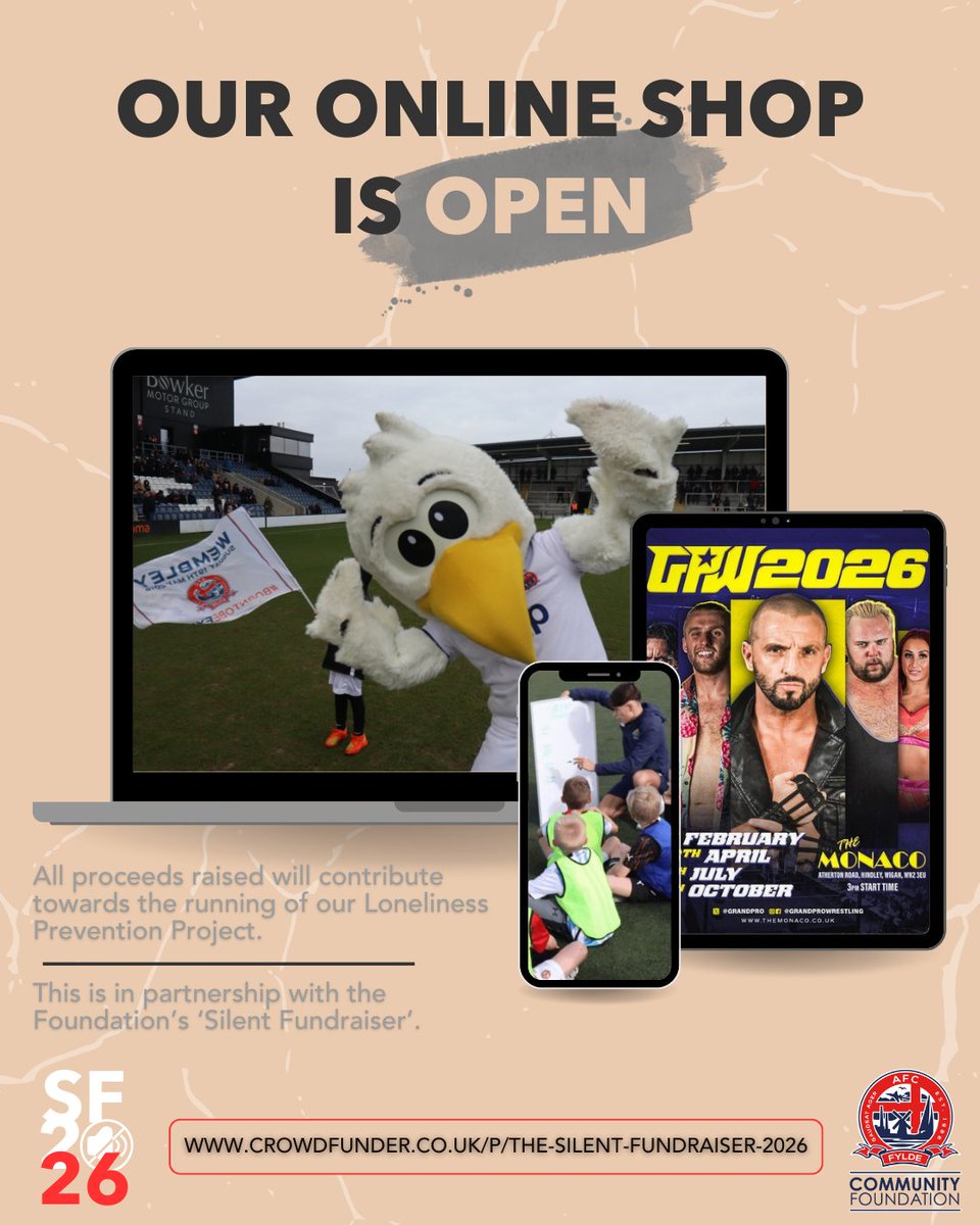 🛒 Have a browse through our shop to see what we are offering!

🙌 All money raised will contribute to the running of our Loneliness Prevention Project.

➡ Shop here: crowdfunder.co.uk/p/the-silent-f…

#AFCFyldeFoundation