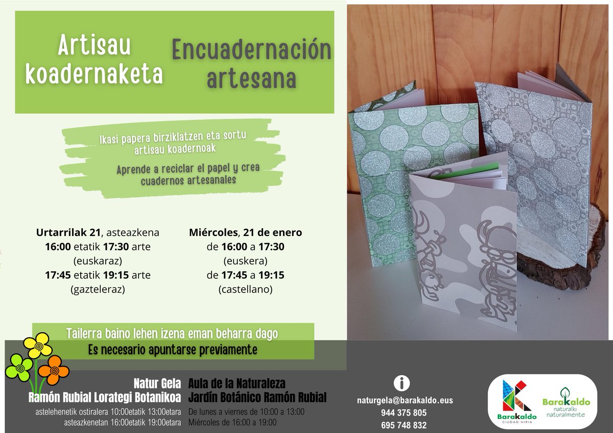 #FamiliaTailerra antolatu du <a href="/naturgela/">Naturgela Barakaldo</a> -k
👉 #ArtisauKoadernaketa
📅 Urtarrilak 21
⏰16:00 - 17:30h 
📌 #Naturgela (Lorategi Botanikoan)
✏️ Izena emateko: naturgela@barakaldo.eus
📲 944 375 805 / 695 748 832
Animatu!!!
#FamiliakEuskaraz, #AisialdiaEuskaraz, #BarakaldoEuskaraz