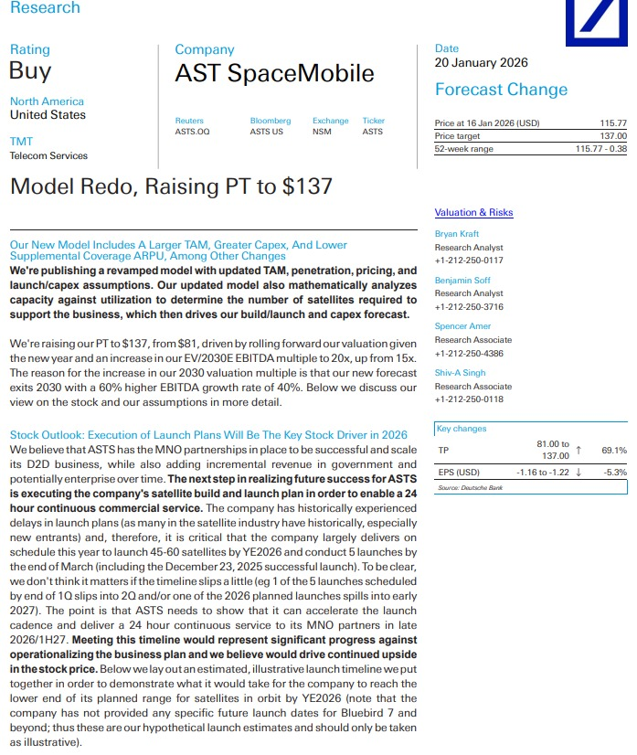 spacanpanman's tweet photo. 1/ $ASTS: 🚨 DEUTSCHE BANK UPGRADES AST SPACEMOBILE PRICE TARGET TO $137 FROM $81, REITERATES BUY RATING

Our New Model Includes A Larger TAM, Greater Capex, And Lower Supplemental Coverage ARPU, Among Other Changes

We're publishing a revamped model with updated TAM, penetration, pricing, and launch/capex assumptions. Our updated model also mathematically analyzes capacity against utilization to determine the number of satellites required to support the business, which then drives our build/launch and capex forecast.

We're raising our PT to $137, from $81, driven by rolling forward our valuation given the new year and an increase in our EV/2030E EBITDA multiple to 20x, from 15x. The reason for the increase in our 2030 valuation multiple is that our new forecast exits 2030 with a 60% higher EBITDA growth rate of 40%. Below we discuss our view on the stock and our assumptions in more detail.

Stock Outlook: Execution of Launch Plans Will Be The Key Stock Driver in 2026

We believe that ASTS has the MNO partnerships in place to be successful and scale its D2D business, while also adding incremental revenue in government and potentially enterprise over time. The next step in realizing future success for ASTS is executing the company's satellite build and launch plan in order to enable a 24 hour continuous commercial service. The company has historically experienced delays in launch plans (as many in the satellite industry have historically, especially new entrants) and, therefore, it is critical that the company largely delivers on schedule this year to launch 45-60 satellites by YE2026 and conduct 5 launches by the end of March (including the December 23, 2025 successful launch). To be clear, we don't think it matters if the timeline slips a little (eg 1 of the 5 launches scheduled by end of 1Q slips into 2Q and/or one of the 2026 planned launches spills into early 2027). The point is that ASTS needs to show that it can accelerate the launch cadence and deliver a 24 hour continuous service to its MNO partners in late 2026/1H27. Meeting this timeline would represent significant progress against operationalizing the business plan and we believe would drive continued upside in the stock price. Below we lay out an estimated, illustrative launch timeline we put together in order to demonstrate what it would take for the company to reach the lower end of its planned range for satellites in orbit by YE2026 (note that the company has not provided any specific future launch dates for Bluebird 7 and beyond; thus these are our hypothetical launch estimates and should only be taken as illustrative).