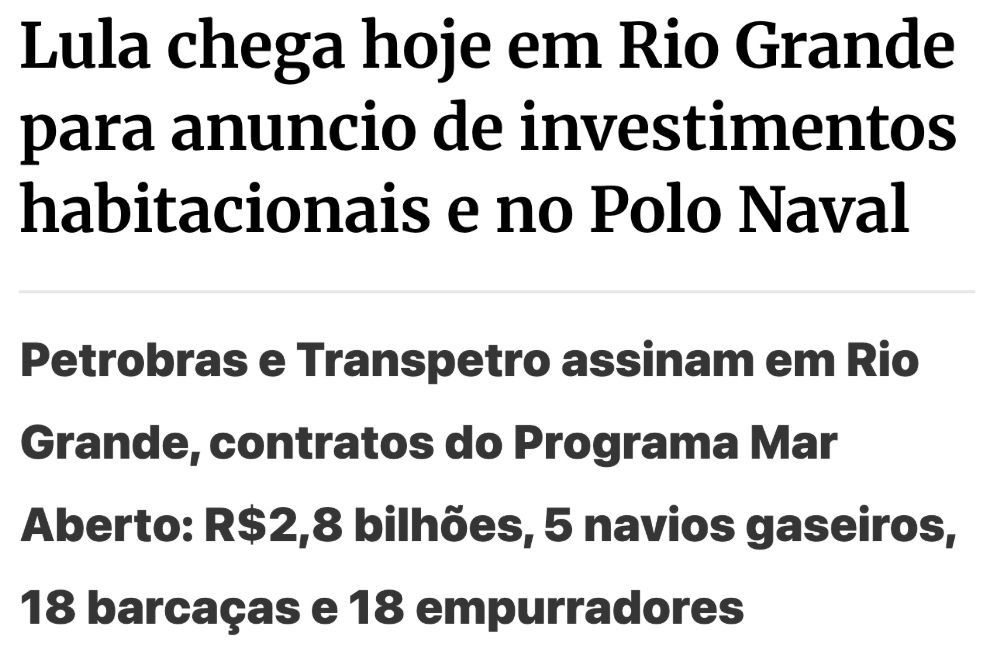 Chegando agora ao Rio Grande, no RS. Vamos entregar 1.276 novas moradias do Minha Casa, Minha Vida e assinar novos contratos do Programa Mar Aberto, da Petrobras. Serão 5 navios gaseiros, 18 empurradores e 18 barcaças. Geração de empregos e moradia, fortalecimento da indústria