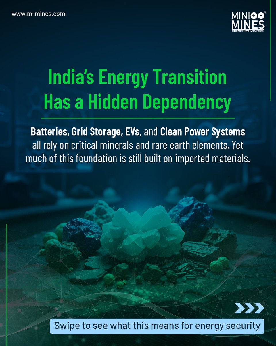 MiniMinesPower's tweet photo. India’s clean-energy goals depend on secure minerals. As batteries and grids scale, domestic refining and circular recovery are key to resilience. Build India’s material security with MiniMines.

#EnergySecurity #CriticalMinerals #EnergyTransition #CleanTechIndia  #MiniMines https://t.co/cVyVYZ20ad