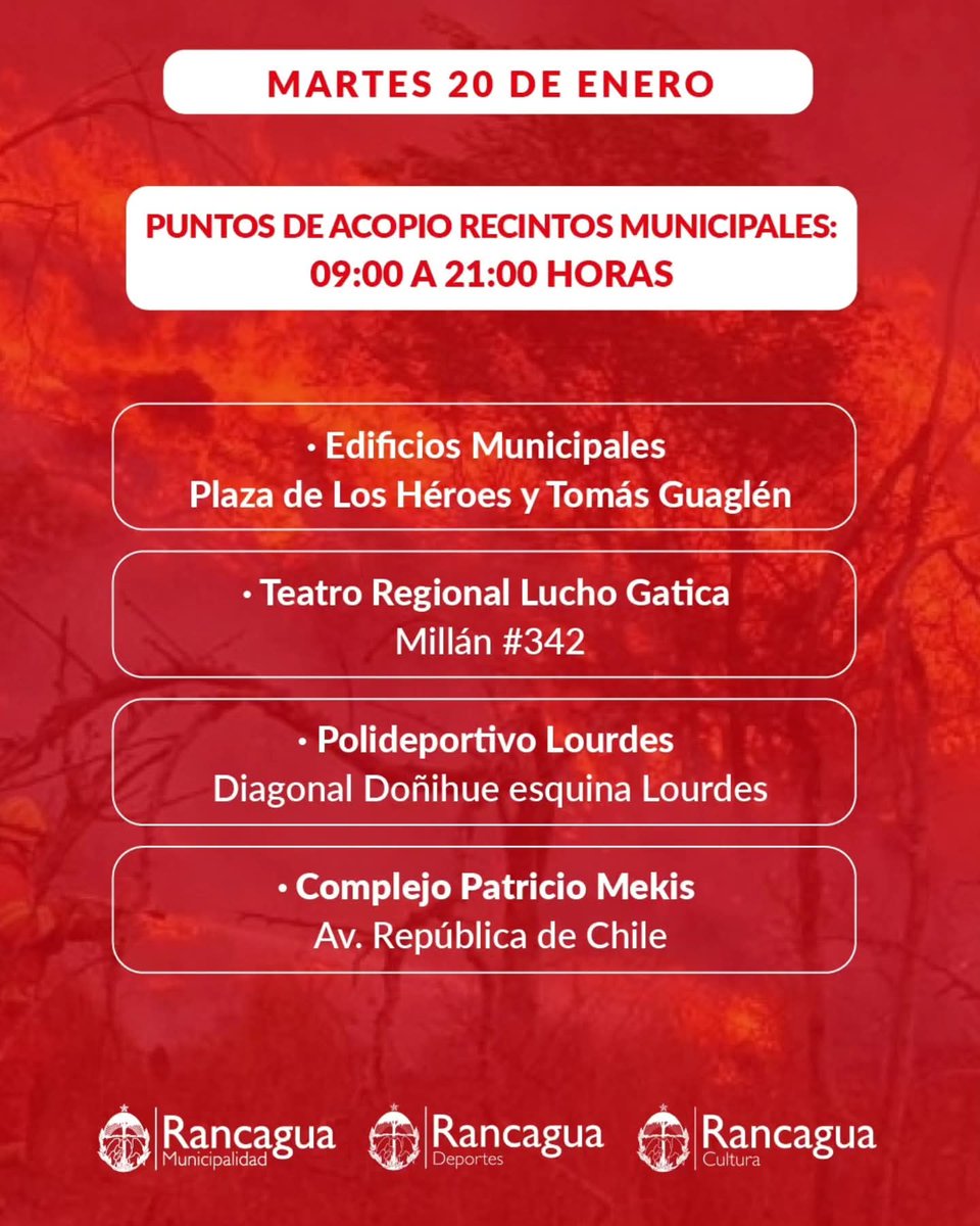 Hoy martes 20 de enero, #Rancagua sigue con la recolección de ayuda para el sur de Chile.
Agua, alimentos no perecibles y de mascotas, barras energéticas y  cereal, artículos de aseo y materiales de construcción.
Nuestros compatriotas necesitan nuestra ayuda en esta gran cruzada