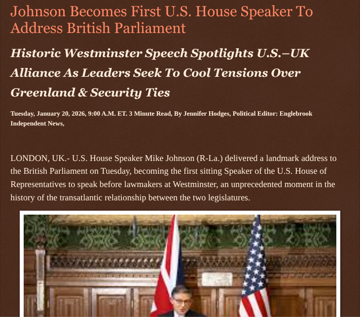 ArtFletcher9's tweet photo. Johnson Becomes First U.S. House Speaker To Address British Parliament https://t.co/UYAJoSe4LZ via @Englebrooknews #WorldNews #USSpeaker #MikeJohnson #landmark #address #british #parliament #US_UK #relations #Securityties #Greenland @wireless_step @HRG_Media @LodiNJNews @victoryisdone @fordmb1 @SarahGeving1 @Shannon96574094 @Daytobehappy @janninereid1 @gator4kb18 @MichelleF_35 @TrumpWasRite2 @KathyKbrose @RobGerundo @JimBobW49