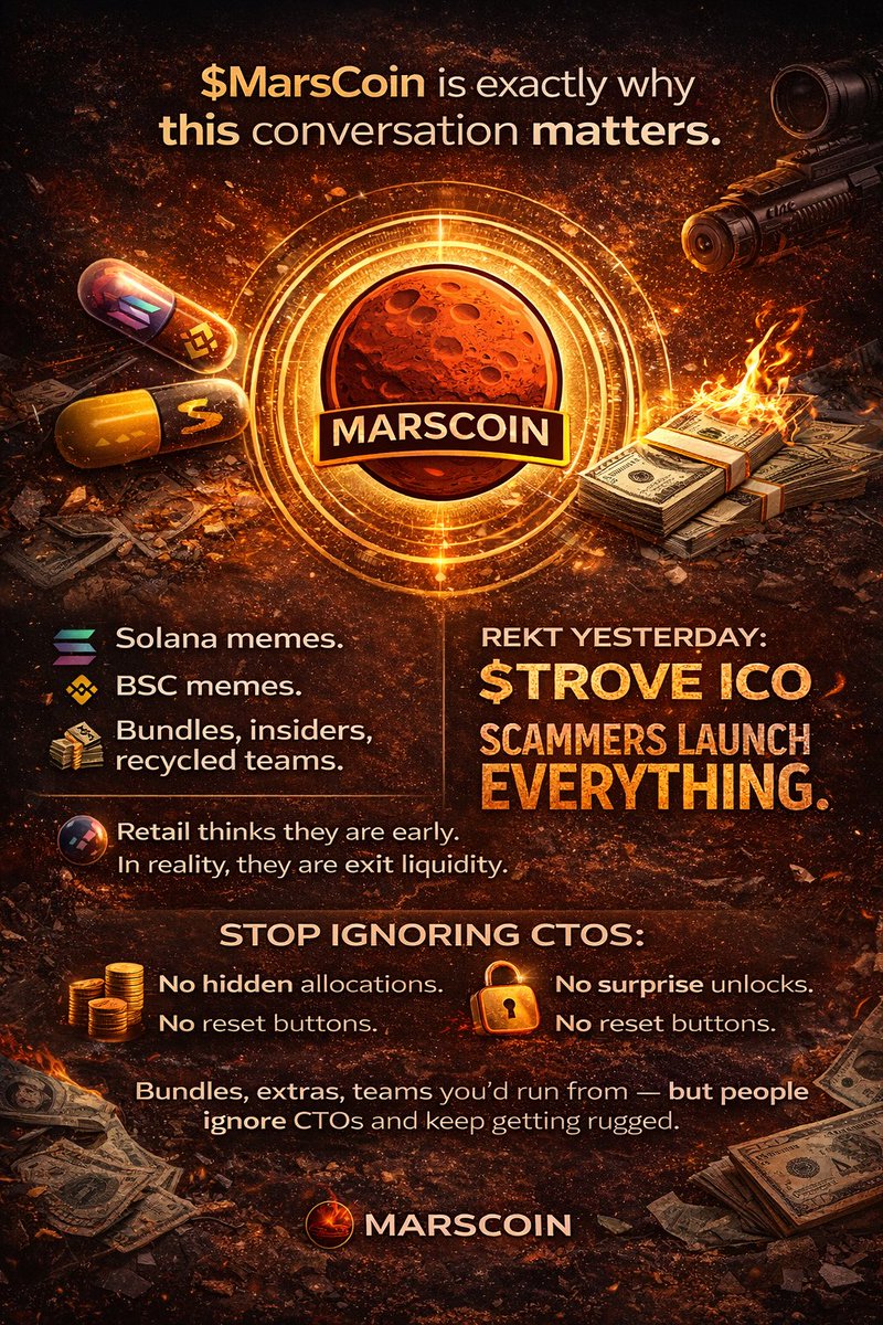 $MarsCoin is exactly why this conversation matters.

1/
MarsCoin is a live example of what most people keep ignoring while getting rugged elsewhere.

Solana memes.
BSC memes.
Bundles, insiders, recycled teams.

Yesterday $Trove ICO rugged and wiped people in minutes.
This keeps