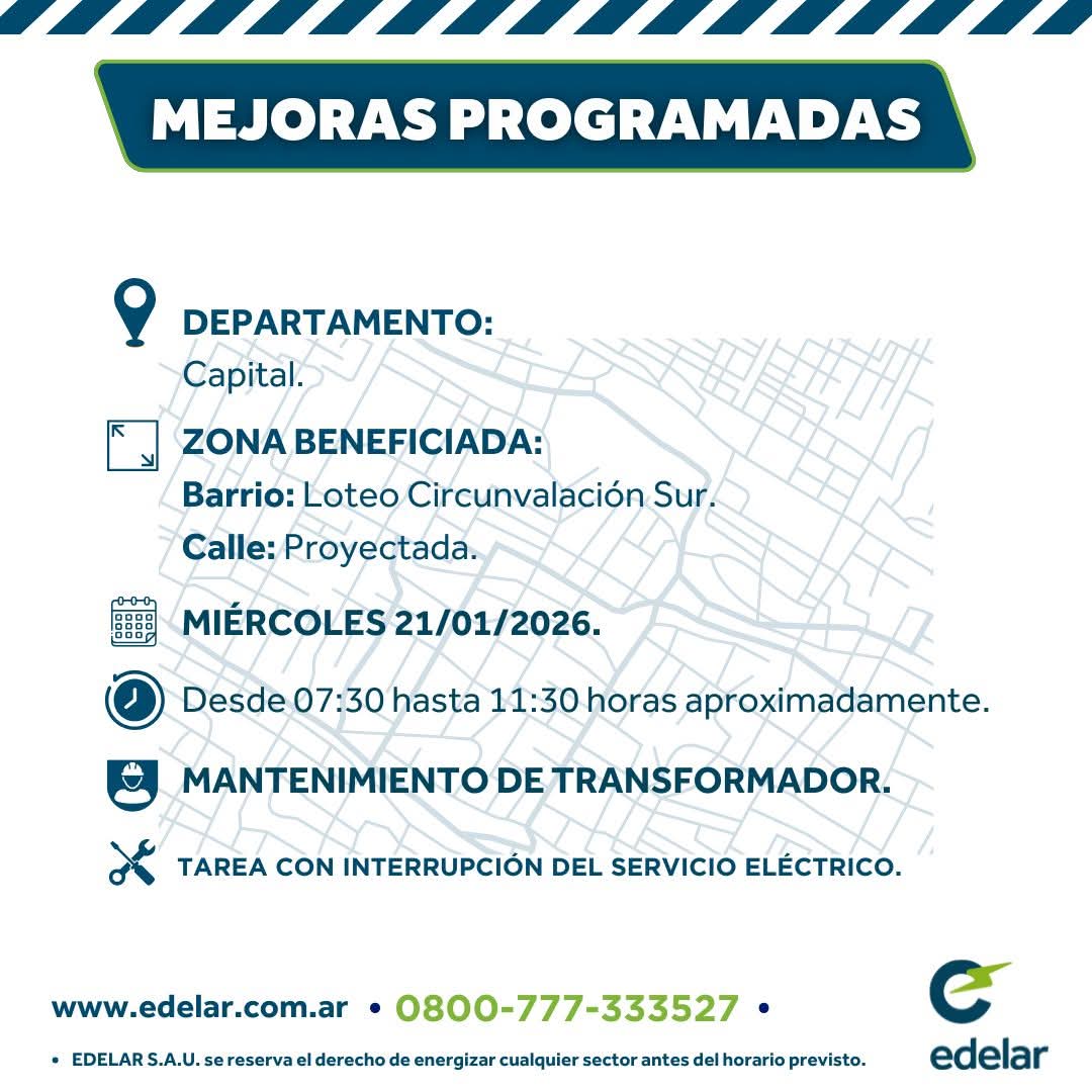 masquenoticias_'s tweet image. EDELAR INFORMA 

🗓️ Del 19 al 25 de enero.

👷Los trabajos que se realizarán tienen como objetivo mejorar el servicio eléctrico de cada barrio, localidad o comunidad.
☎ Por cualquier emergencia o reclamo comunicarse al 0800-777-33352.

#Edelar #Buenaenergía #lariojaargentina