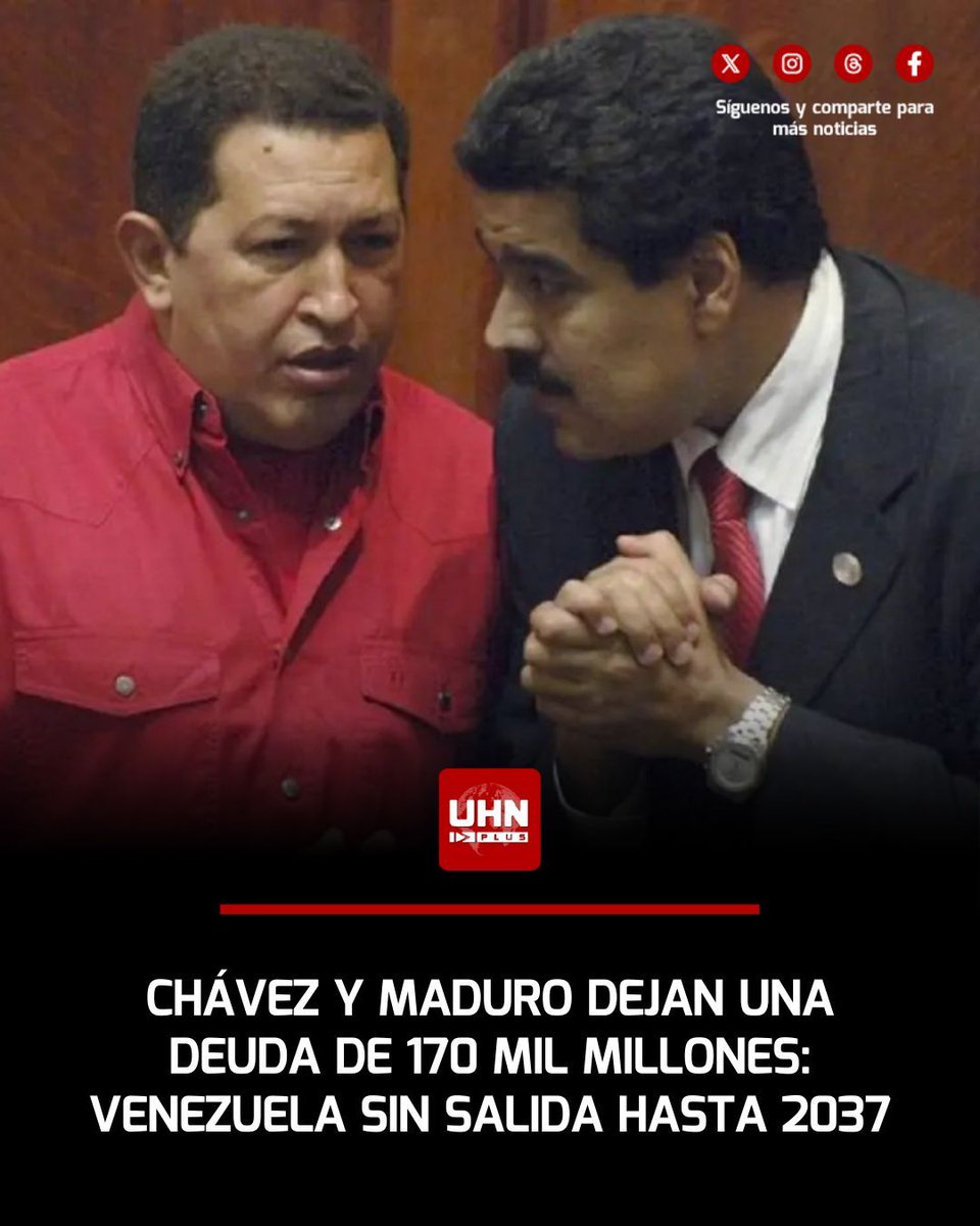 🇻🇪‼️ | Venezuela enfrenta una de las crisis de deuda externa más grandes del mundo. Se estima que Hugo Chávez y Nicolás Maduro dejaron una bomba económica de 170 mil millones de dólares, incluyendo bonos en default desde 2017. Esta deuda equivale actualmente al 193% del PIB y