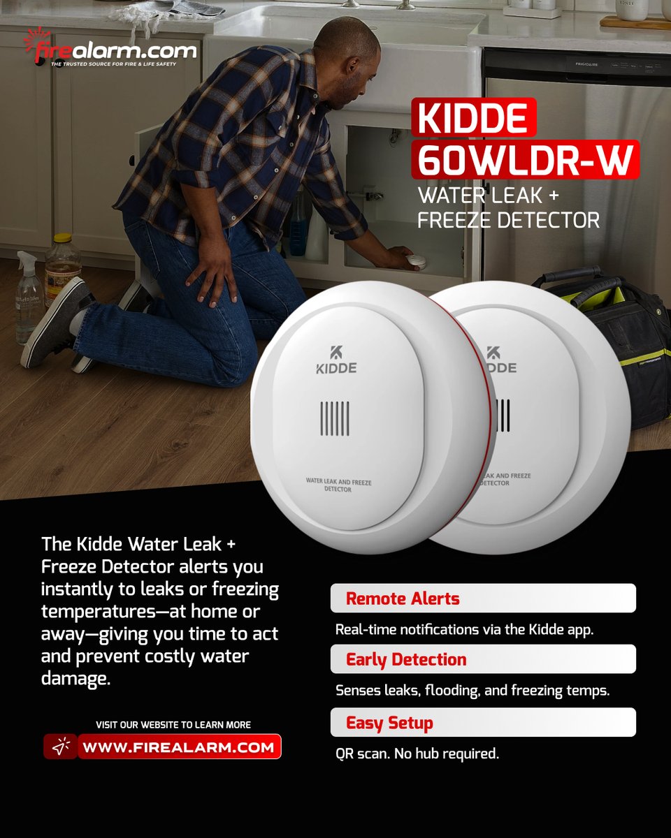 Catch leaks before they become disasters.
Whether you’re home or away the Kidde 60WLDR-W Water Leak + Freeze Detector alerts you instantly to leaks or freezing temperatures. 
Find the right Kidde solution fast with help from our experts at FireAlarm.com