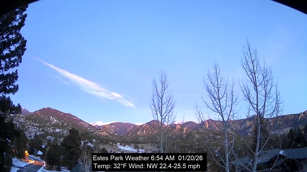 EstesWeather's tweet image. Estes Park, CO weather: clear | 32F | humidity 20 | wind NW 22.0 -&amp;gt; 28.5 | Today: 30F/34F Rain 0.00 |  January 20, 2026 at 07:00AM #cowx