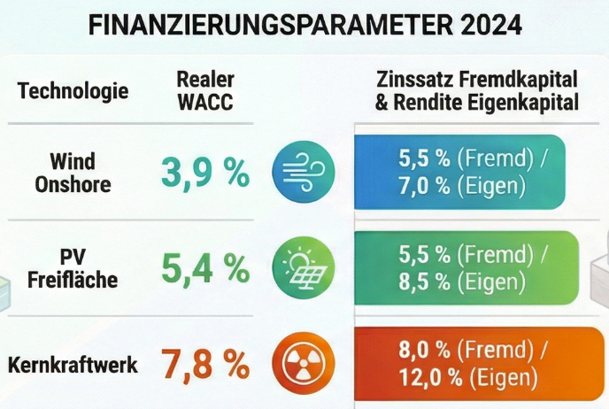 Warum ich das Fraunhofer ISE für unseriös halte? Part #2

Kernkraftwerke haben einen hohen Finanzierungsbedarf. Schraubt man an den Kapitalkosten (WACC), ergibt sich ein gewaltiger Hebel auf den Endpreis. Die Grafik zeigt die Methodik: Fraunhofer rechnet bei Wind Onshore mit 3,9