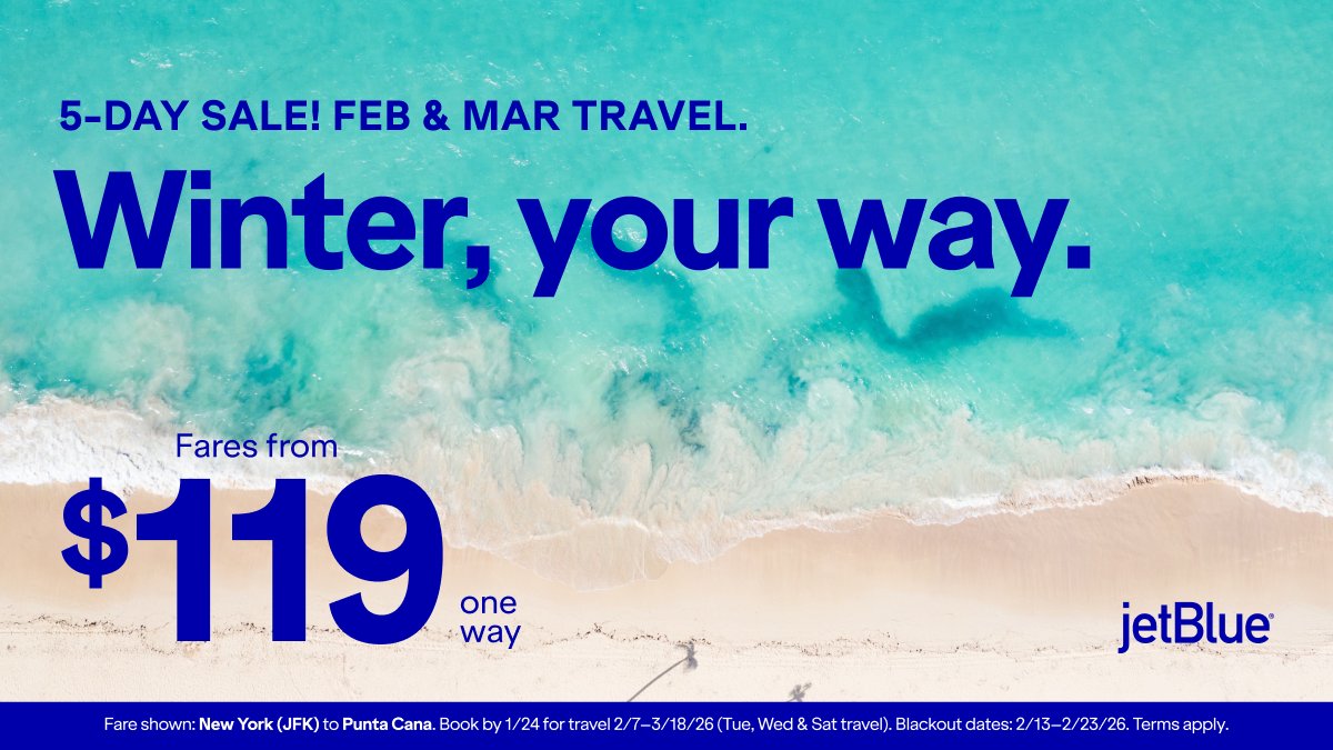 JetBlue's tweet image. From sunny escapes to city vibes, fly where winter works for you. 

Book now: jetblue.com/sale/winter-yo…