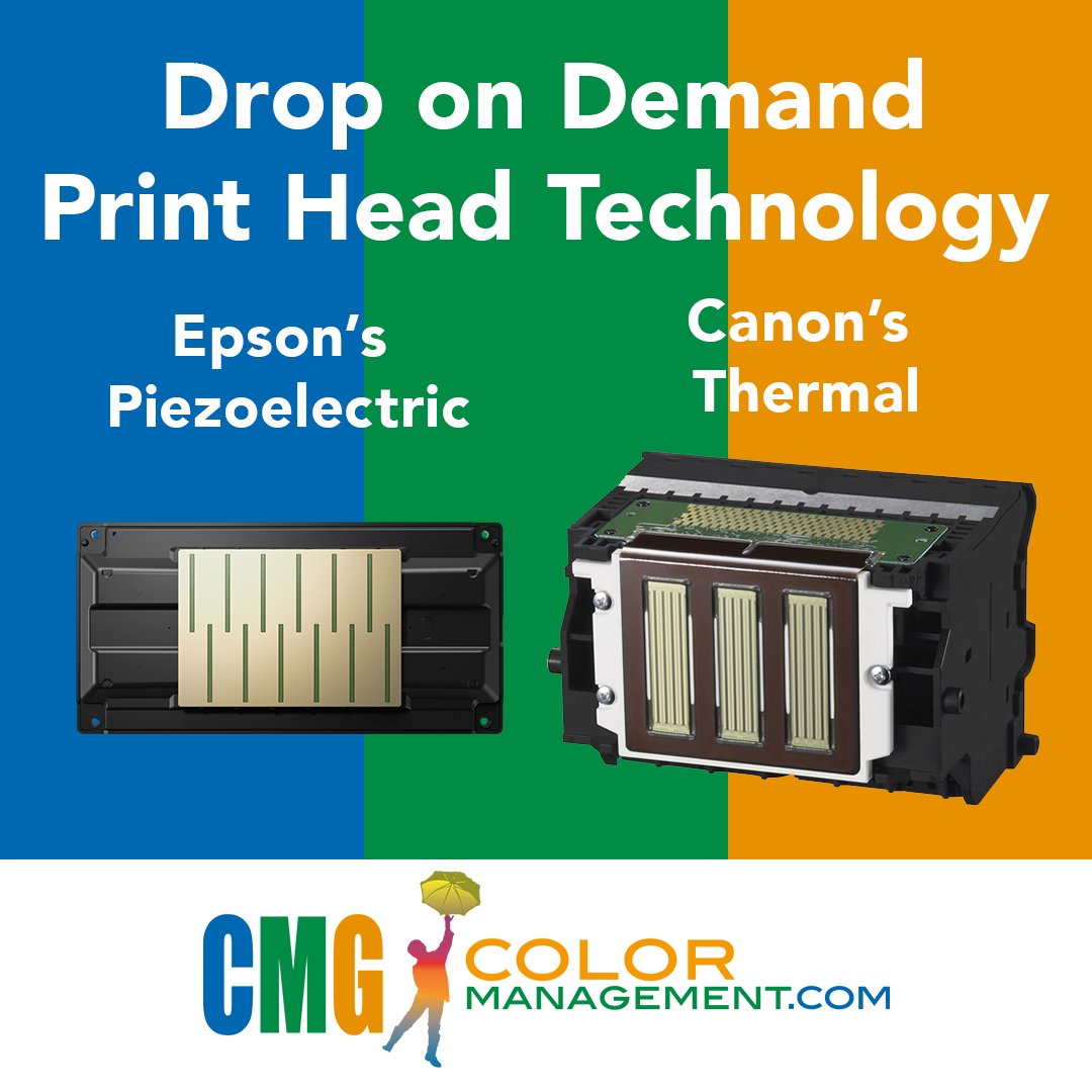 #TechTuesdays with CMG! Let's dive into inkjet printhead tech! Thermal printheads (Canon, HP) = cheaper &amp; user-replaceable! Piezoelectric printheads (Epson, FUJIFilm) = durable with more control! 
Which one suits you? Ask us: bit.ly/3Jox1Wg 
#Printing #ColorManagement