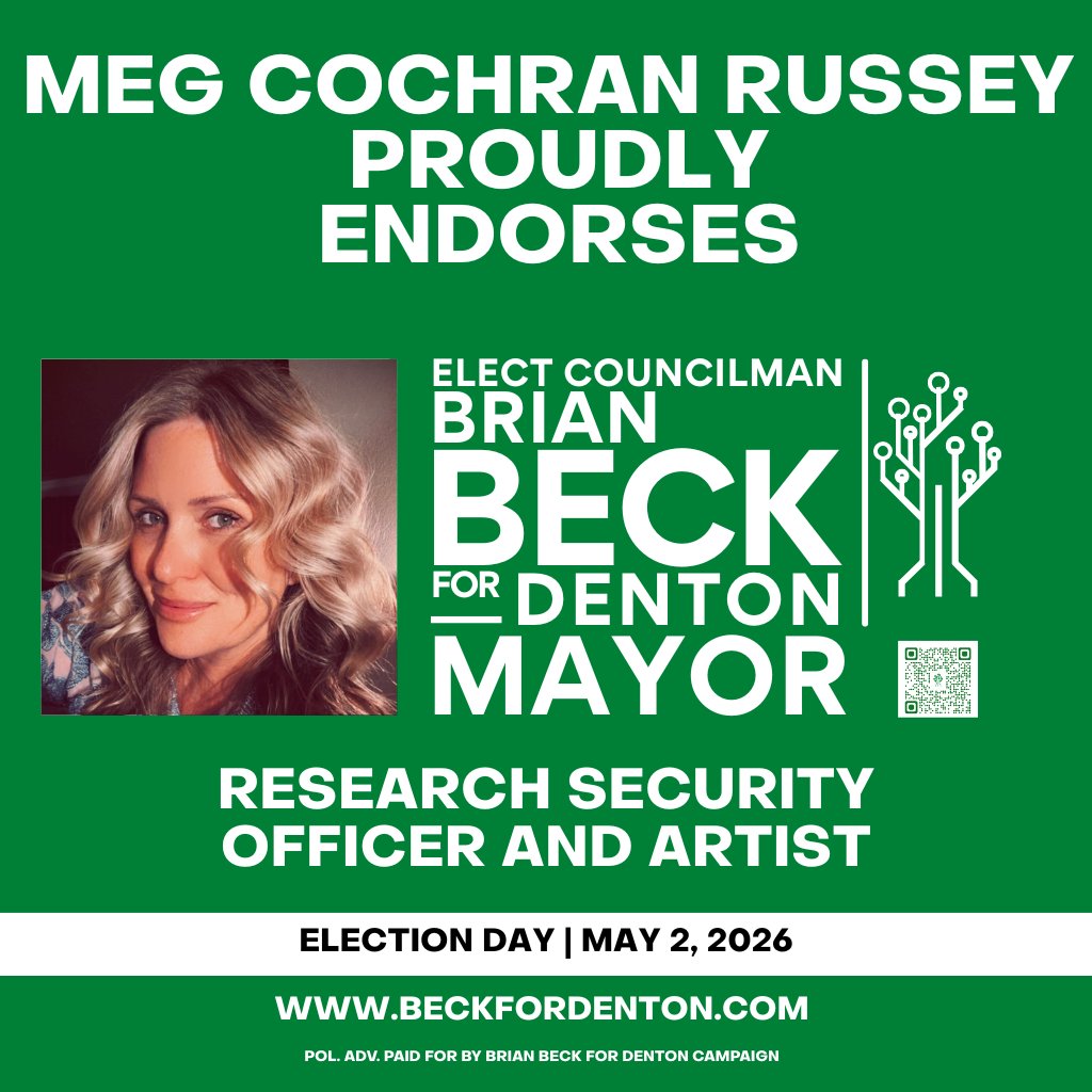 Meg Cochran Russey brings both analytical rigor and creative vision to Denton through her work in research security and the arts. Her support means a great deal to me as someone who embodies the balance of innovation and creativity that defines our city.