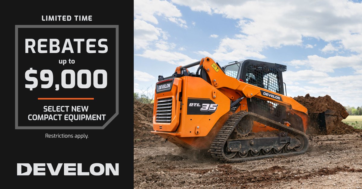 Don’t leave money on the table this year. 💵Get rebates up to $9,000 on select new compact DEVELON equipment. 

Hurry, offer ends soon. Contact us  at +1 519 826 0550