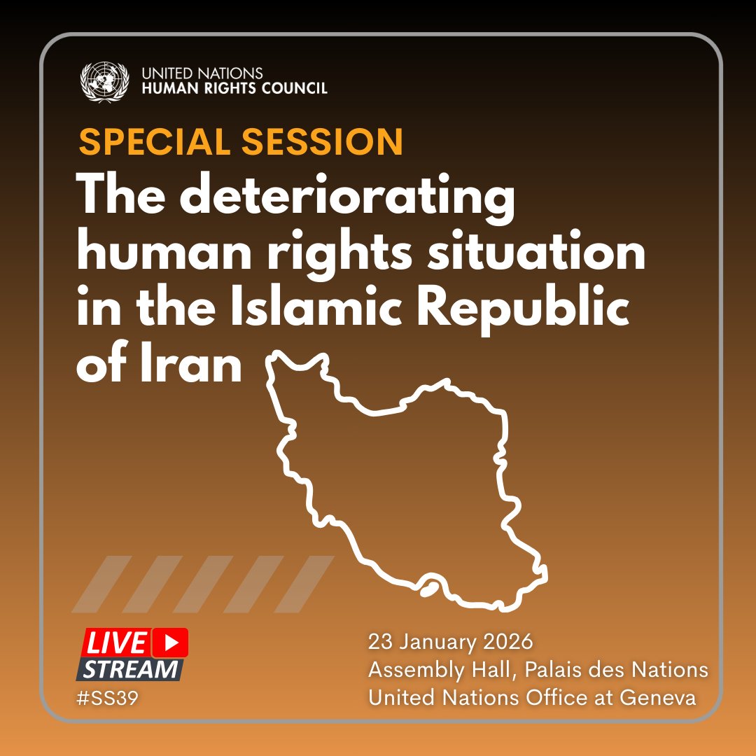 UN_HRC's tweet image. 🔴 BREAKING!

The @UN Human Rights Council is holding a special session to address the deteriorating human rights situation in #Iran.

🗓️ Friday, 23 January 2026
⏰ 14:00 (GMT+1)
📺 webtv.un.org/en/asset/k1m/k…

INFO ▶️ ohchr.org/en/press-relea…