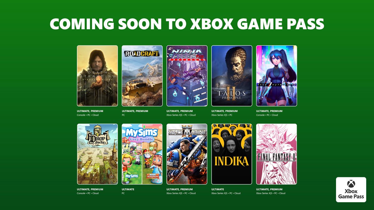 ColectivaXbox's tweet image. NOVEDADES EN GAME PASS
Ultimate, PC Game Pass

Death Stranding - 21/01
RoadCraft (PC) – 21/01
Ninja Gaiden Ragebound - 21/01
The Talos Principle 2 - 27/01
Anno: Mutationem - 28/01
Drop Duchy - 28/01
MySims: Cozy Bundle – 29/01
Space Marine II - 29/01
Indika - 2/02
FF II - 3/02