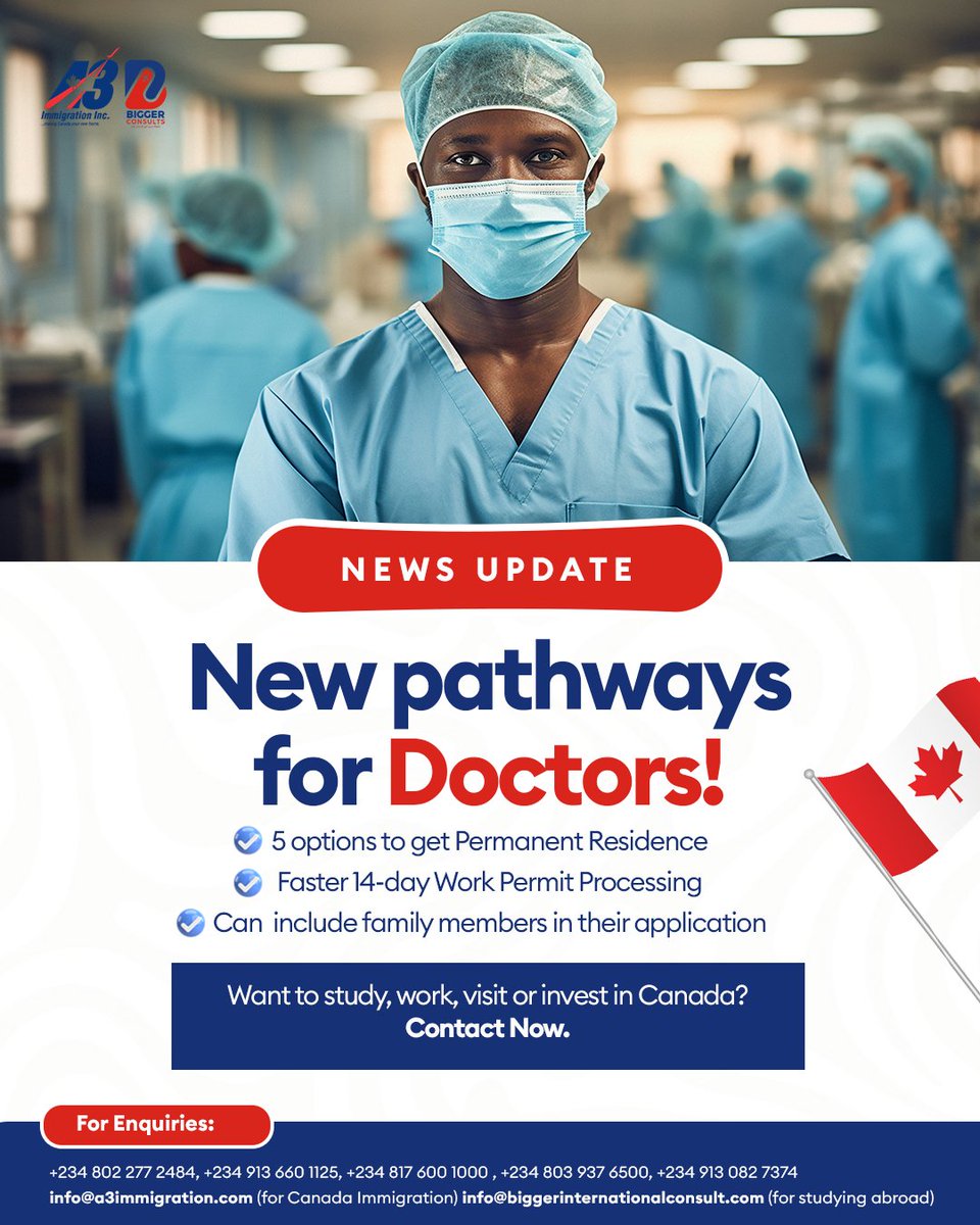 A3Immigration's tweet photo. Now is the time and turn of Doctors!

Are you a doctor trying to immigrate to Canada? Let's help you. https://t.co/ru8L0hMClA