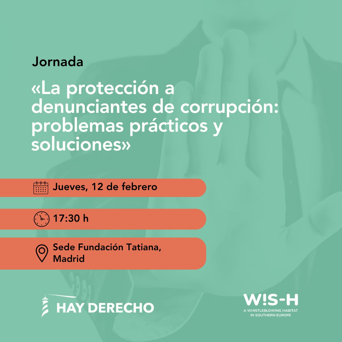 HayDerecho's tweet photo. La protección real y efectiva a quienes denuncian #corrupción enfrenta, todavía, muchas dificultades.
🗣️ En Hay Derecho queremos abordarlas de manera concreta junto a posibles soluciones para evitar #represalias. Lo haremos en una #jornada en la que contaremos con el equipo de la Autoridad Independiente de Protección al Informante, así como con otros expertos y con la participación de los propios denunciantes de corrupción.
Si tienes interés profesional o cívico en el buen funcionamiento de los canales de alerta de corrupción y la protección a quienes denuncian, ¡no te la puedes perder!
🔗 Inscripciones gratuitas aquí 👇
https://t.co/Vuc1pbyqjK
💡 Comparte esta jornada con quien creas que le puede interesar.
#WiSH