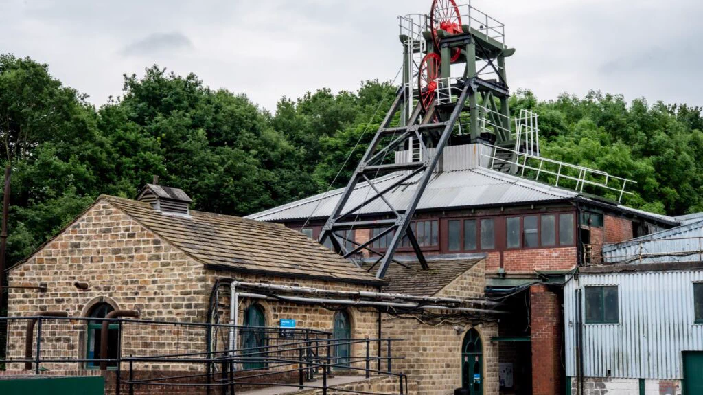 Exterior of the National Coal Mining Museum in Wakefield, showing the top of a mine shaft