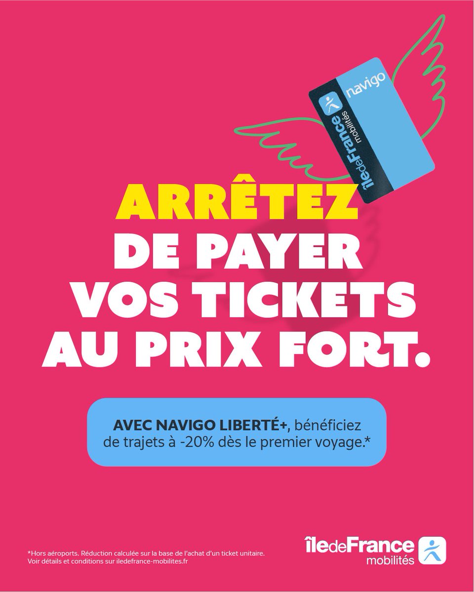 ❌Arrêtez de payer vos tickets au prix fort !
👼Avec Navigo Liberté +, vous êtes libre de voyager en <a href="/iledefrance/">Région Île-de-France</a>
et bénéficiez de trajets à - 20 % dès le premier voyage !
+ d'infos sur les conditions de ce titre de transport ici▶️ iledefrance-mobilites.fr/titres-et-tari…