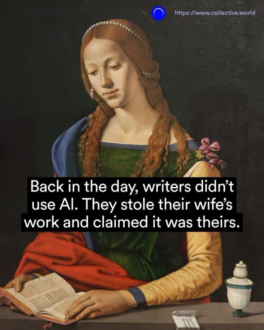 ㅋㅋㅋㅋㅋㅋ

“옛날옛날엔
작가들이 AI를 쓰지 않았어
그남들은 그냥 아내의 업적을 훔쳐다 지꺼인 척 했어”