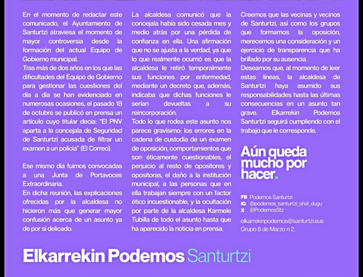 En la contraportada de la revista que habéis recibido en los domicilios de #Santurtzi podéis leer la valoración que redactamos en diciembre sobre el caso de la presunta filtración de un examen de la OPE de la policía municipal