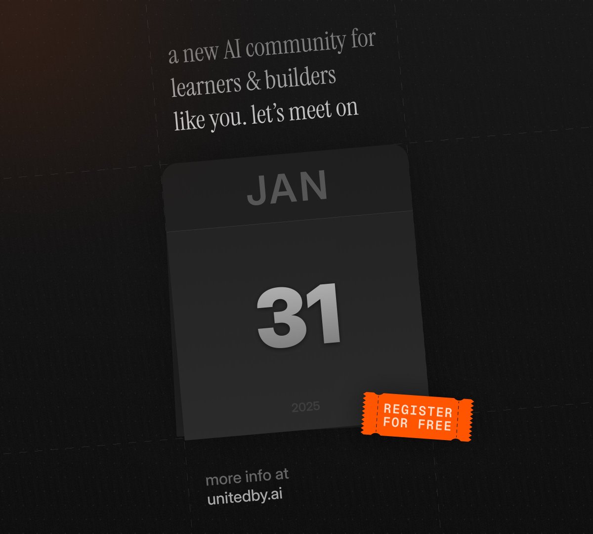 Building with AI? Stop doing it alone.

UnitedBy.AI is for people building with AI.
A place to meet, share what you're working on &amp; learn from each other.

Demos. Workshop. Real talks.
Come through for the 1st gathering!