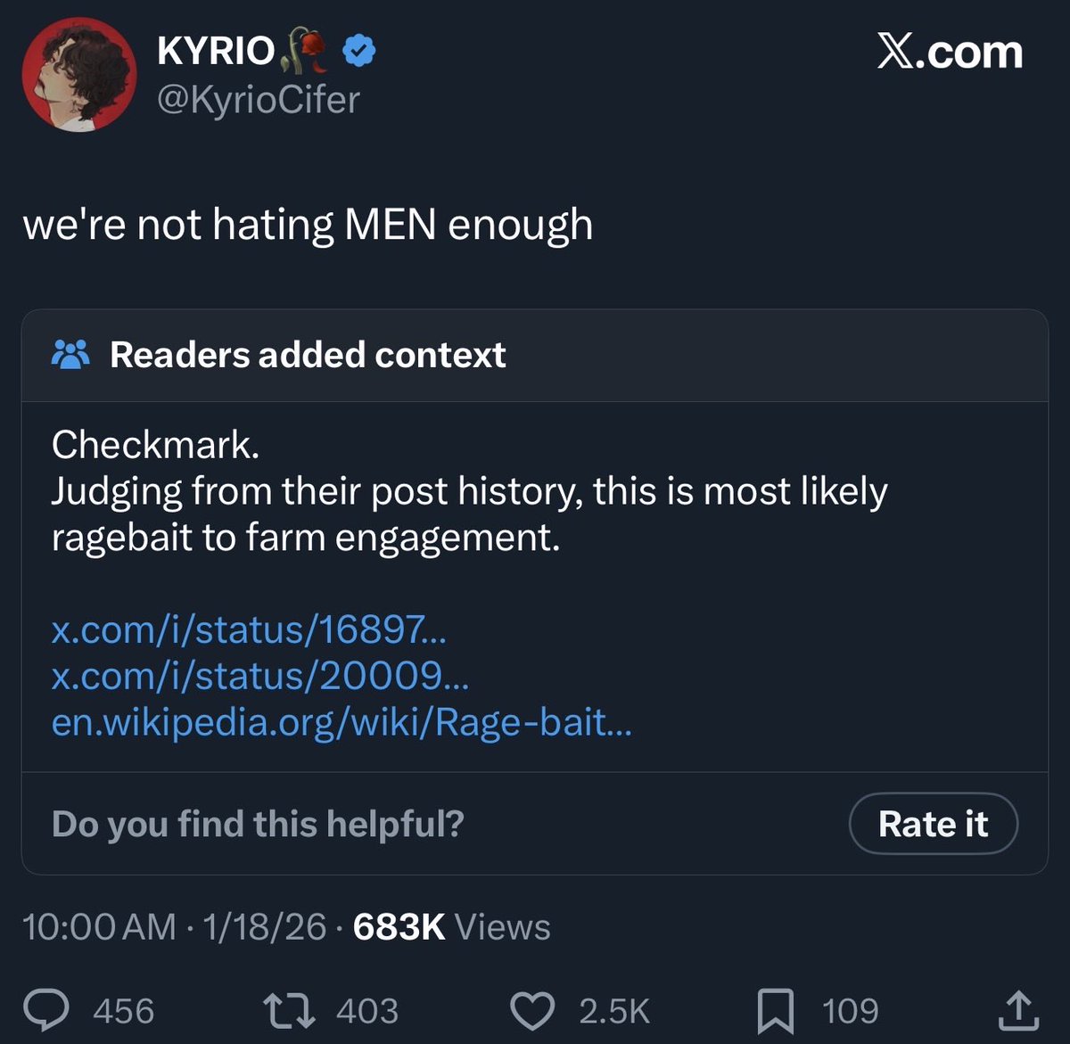 LadyRandomVT's tweet image. This is probably rage bait, but I hate seeing trash like this show up in my feed so… men, you matter and so does your mental health.  Ignore garbage posts like this.
