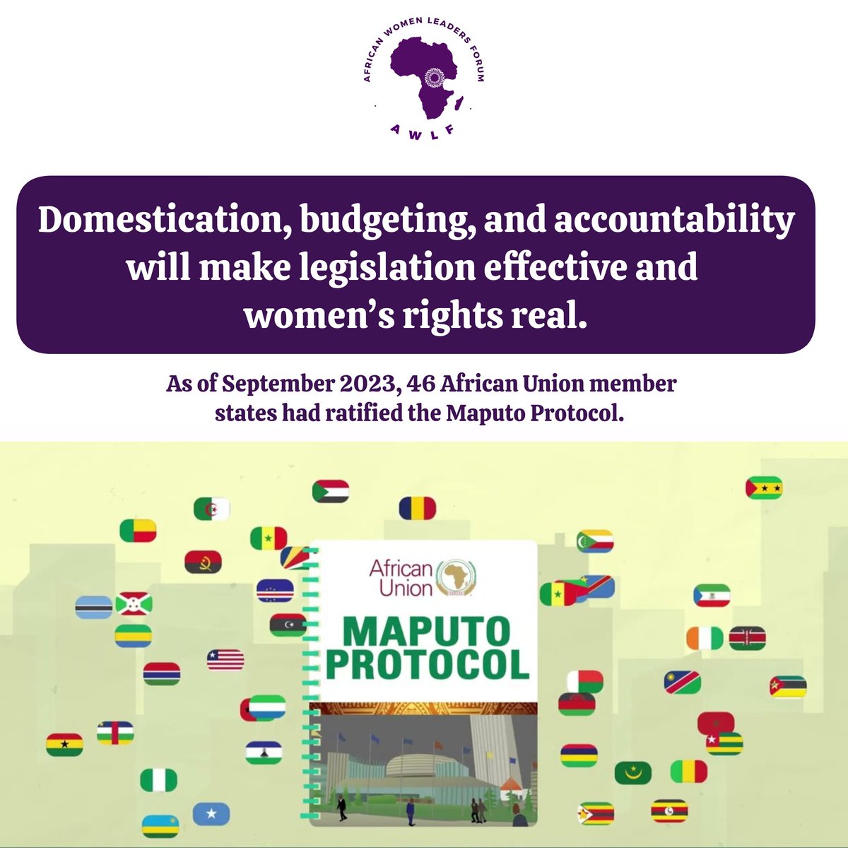 As of Sept 2023, 46 <a href="/_AfricanUnion/">African Union</a> member states had ratified the Maputo Protocol (the Protocol to the African Charter on Human and Peoples’ Rights on the Rights of Women in Africa). 

However, laws only matter when implemented. Domestication, budgeting &amp; accountability is key.