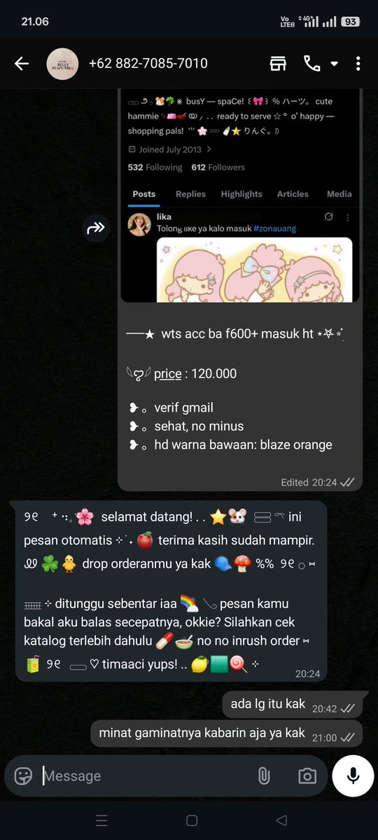 tuiny's tweet image. HELP RT PENIPU‼️#zonauang

ini kronologi awalnya, orgnya mau beli acc di aku. terus, pas send yg kedua kalinya ke dia langsung keluarlah wording itu. kenapa aku bisa curigain org itu sama tau wordingnya itu wording kak katherine? @ofKathie krn aku tau tipe wordingnya seperti apa