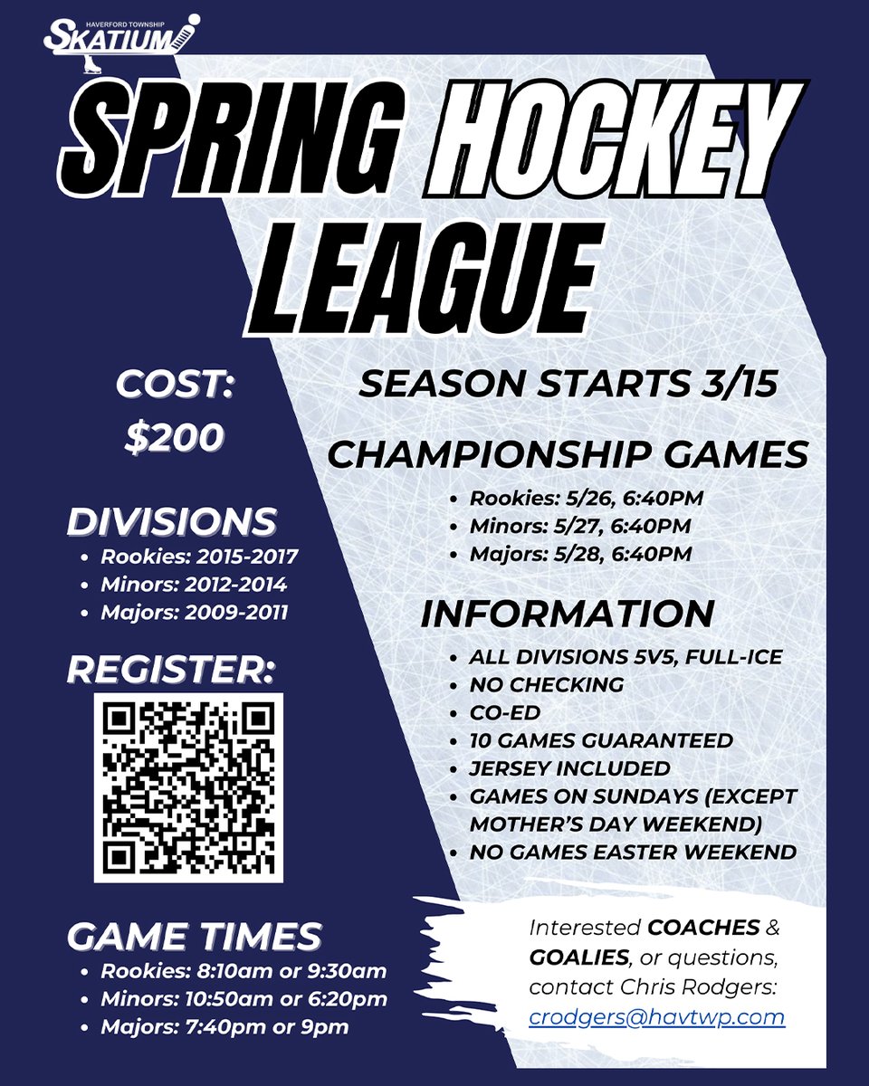 Spring Hockey League registration is open! 

The season begins on March 15. 

Cost is $200 per skater. The league is open to all skill levels. Players are guaranteed 10 games. 

Full details and registration @ apps.daysmartrecreation.com/dash/x/#/onlin…