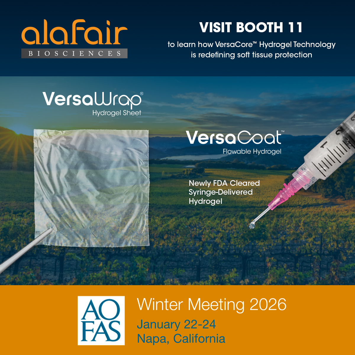 Exciting announcement! <a href="/AlafairBio/">Alafair Biosciences, Inc.</a>  is exhibiting at the <a href="/AOFAS/">AOFAS</a> Winter Meeting in #Napa, Ca!

If you are attending, please visit us at booth #11 to experience how #VersaWrap and #VersaCoat are revolutionizing protection for nerves and tendons.

#AOFAS #VersaCoat #VersaWrap