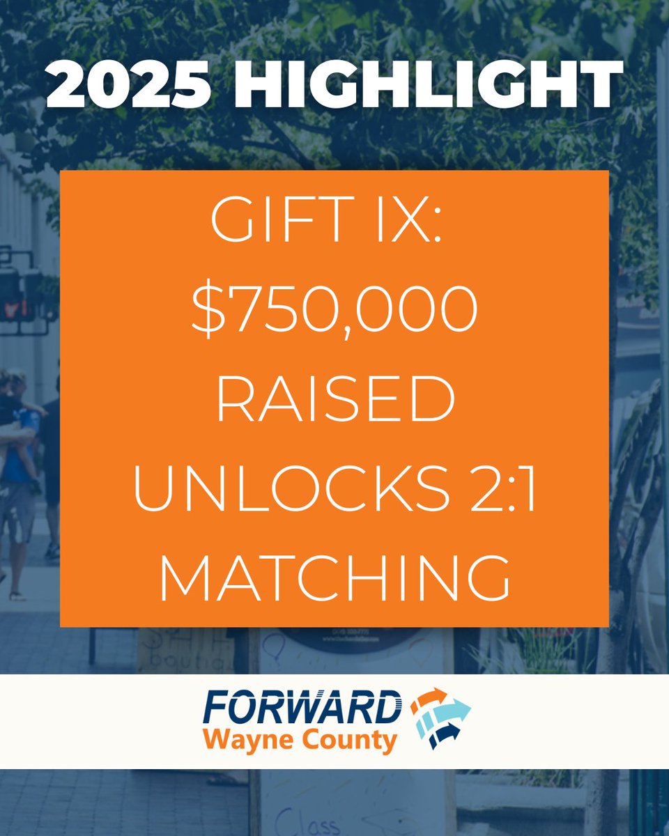 forwardINwayne's tweet image. Another highlight announced in 2025 is that the second component of GIFT IX is the matching grants, which the Wayne County Foundation is now participating in! In order to receive the matching funds, we must raise $750,000 by June 30, 2028. Give here: loom.ly/rBmmtbA