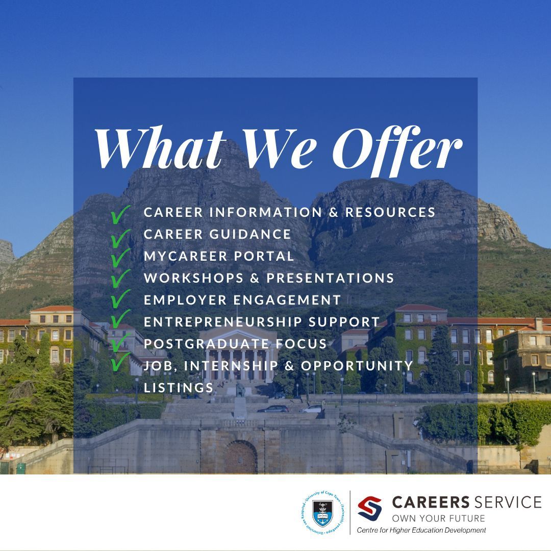 UCTCareers's tweet image. Kicking off 2026 by supporting all UCT students and recent graduates on their career journeys.
Guidance, resources, and access to opportunities — from first year to beyond graduation.
#UCTCareersService #UCTStudents #StudentSuccess #CareerDevelopment #FromCampusToCareer