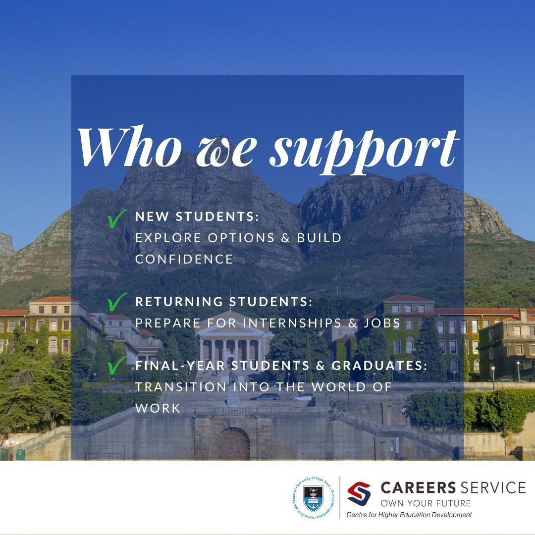 UCTCareers's tweet image. Kicking off 2026 by supporting all UCT students and recent graduates on their career journeys.
Guidance, resources, and access to opportunities — from first year to beyond graduation.
#UCTCareersService #UCTStudents #StudentSuccess #CareerDevelopment #FromCampusToCareer