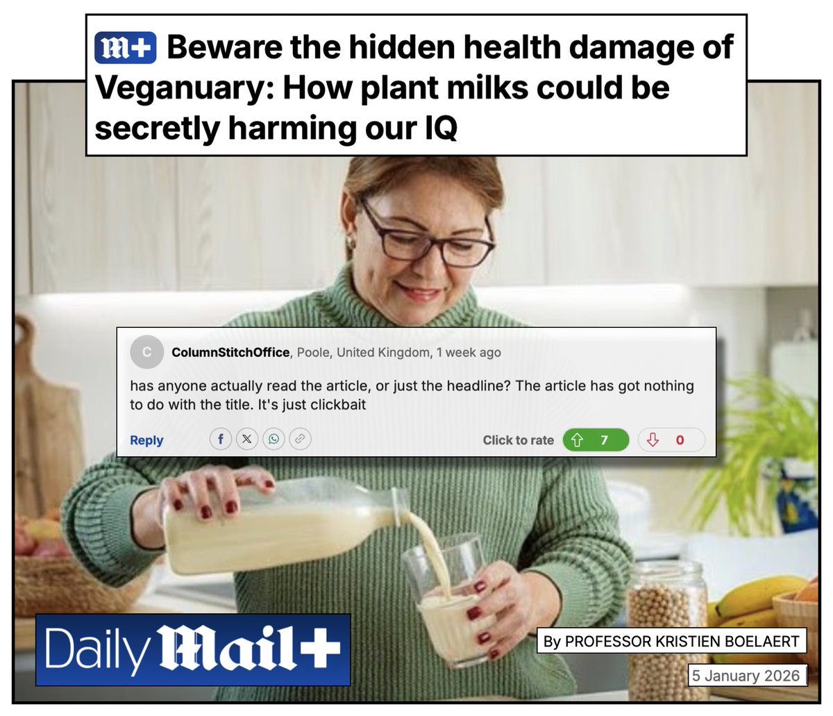 VegMediaWatch's tweet image. This @DailyMail headline is irrelevant to the story (link in comments) and contains false information about #veganism and #plantbased milks, the consumption of which does not "secretly harm our IQ."  As one reader stated, "This article has got nothing to do with the title. It's…