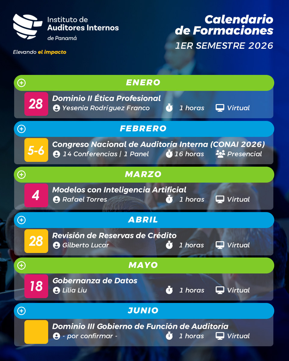 IIAPMA's tweet image. El Instituto de Auditores Internos de Panamá presenta su Calendario de Formaciones del primer semestre 2026, con programas para fortalecer competencias en auditoría, riesgos, control interno y cumplimiento, impulsando el crecimiento profesional.