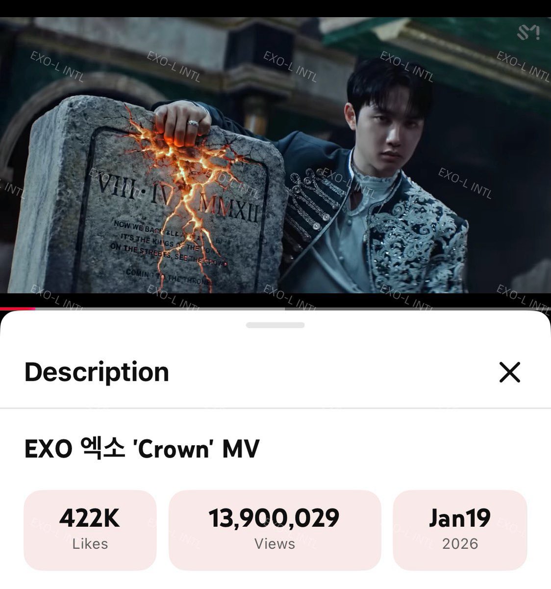 ❣️[STREAMING]❣️

EXO-Ls, we are so close to hitting 14M views! Please take a moment of your precious time to stream the MV.

EXO 엑소 'Crown' MV 
🎬 youtu.be/BWfKkqo1Mk8

Remember to space it out: watch 2 other MVs in between to make sure the algorithm counts our streams.