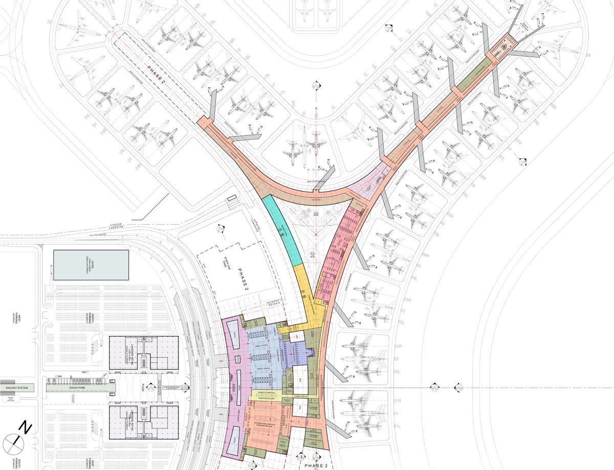 EricKigada's tweet photo. The Dar terminal design only uses three sides of the X shape for the apron. The point ends of the X are not utilised too. Normally this is where you park the Type F aircraft. Maybe there is a lesson that they learnt from Dubai airport. 
Also, why so much green space airside? https://t.co/mMv20gwAUD
