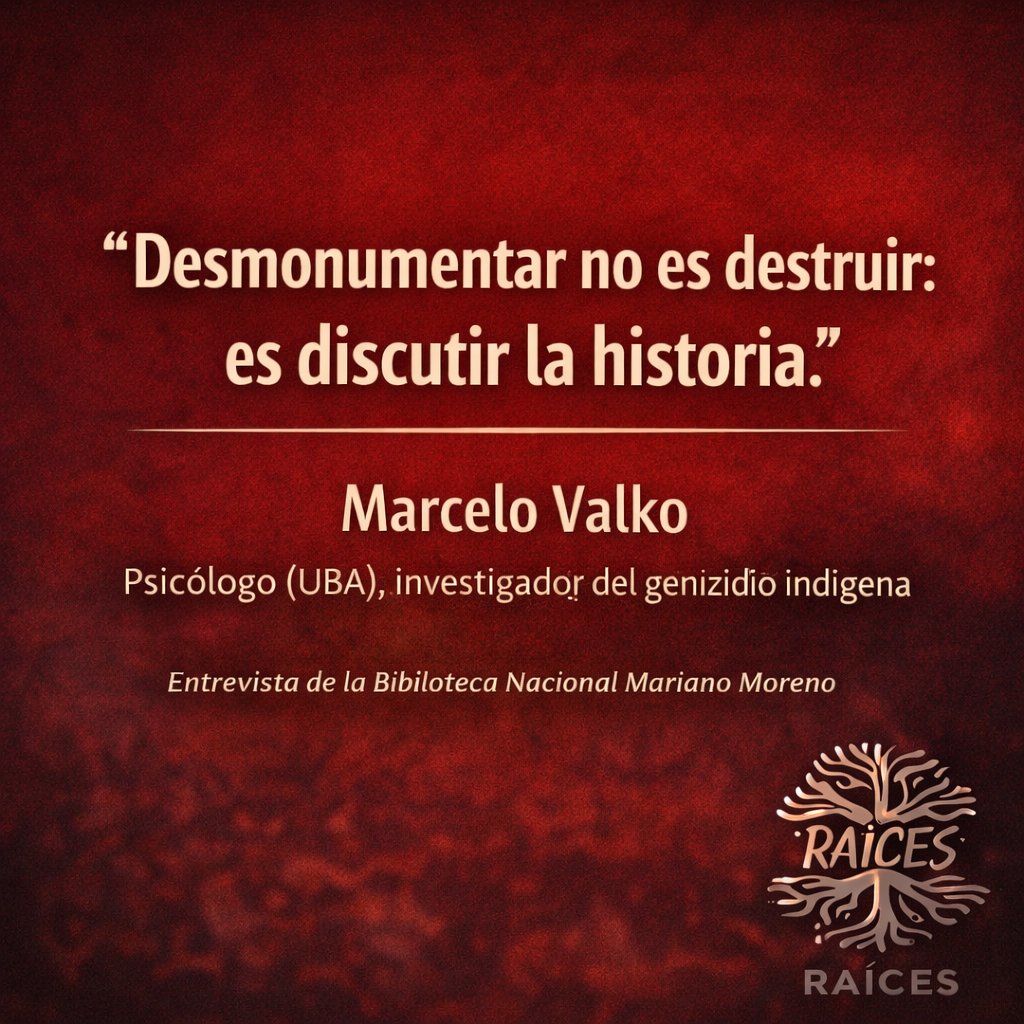 RaicesDigitalSC's tweet image. 🟥 ENTREVISTA | DESLIZÁ 👉
🗿 ¿Quién decide a quién se honra con estatuas?
📖 Marcelo Valko reflexiona sobre Roca, el genocidio y la memoria histórica.
👉 Frases clave en este carrusel.
🔗 Nota completa en raicesdigital.com
