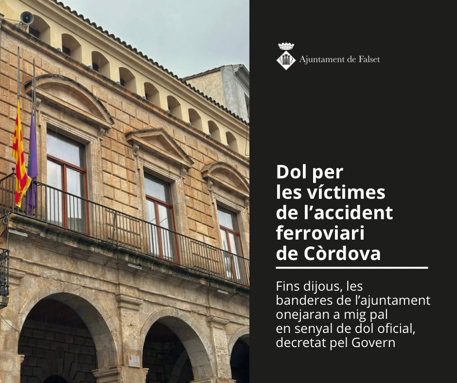 ⚫️Tres dies de dol oficial per l’accident ferroviari de Còrdova. 

Fins dijous, les banderes de l’ajuntament onejaran a mig pal en senyal de dol.