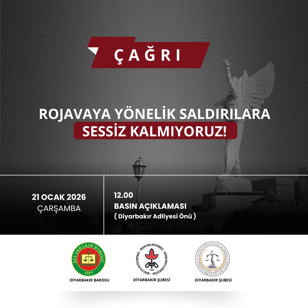 Diyarbakirbaro's tweet image. BASIN AÇIKLAMASI DAVETİ

Değerli Meslektaşlarımız,

Rojava’ya yönelik saldırılara karşı yapılacak basın açıklamasına katılım ve dayanışmaya davet ediyoruz.

🕦 Saat: 12.00
📍 Yer: Adliye Önü
