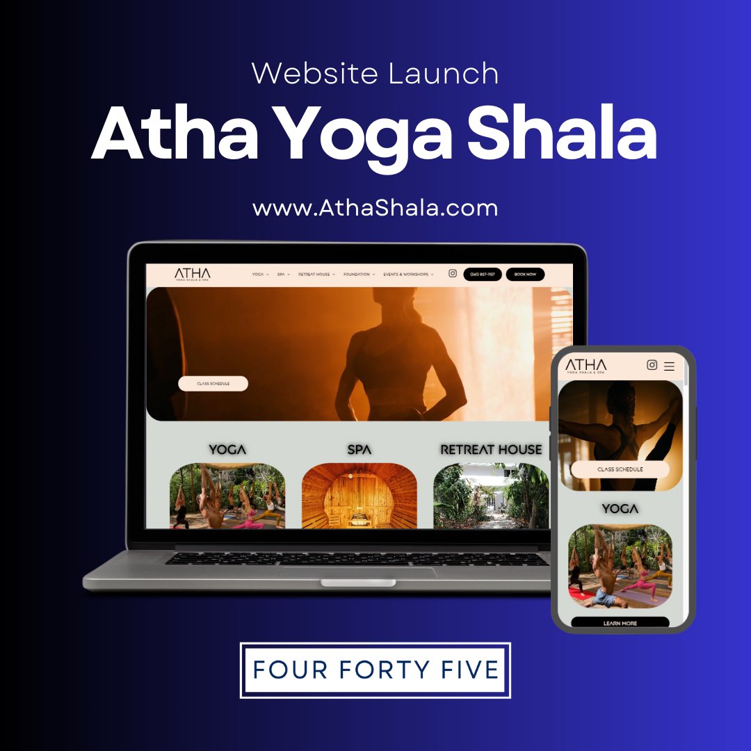 FourFortyFiveCo's tweet photo. Congratulations to Atha Yoga Shala on the launch of their updated website design. The new website allows for easy class booking, highlights all events at Atha, and adds focus to the Atha Foundation and Retreat House. ✨ https://t.co/q3GPfB31aj