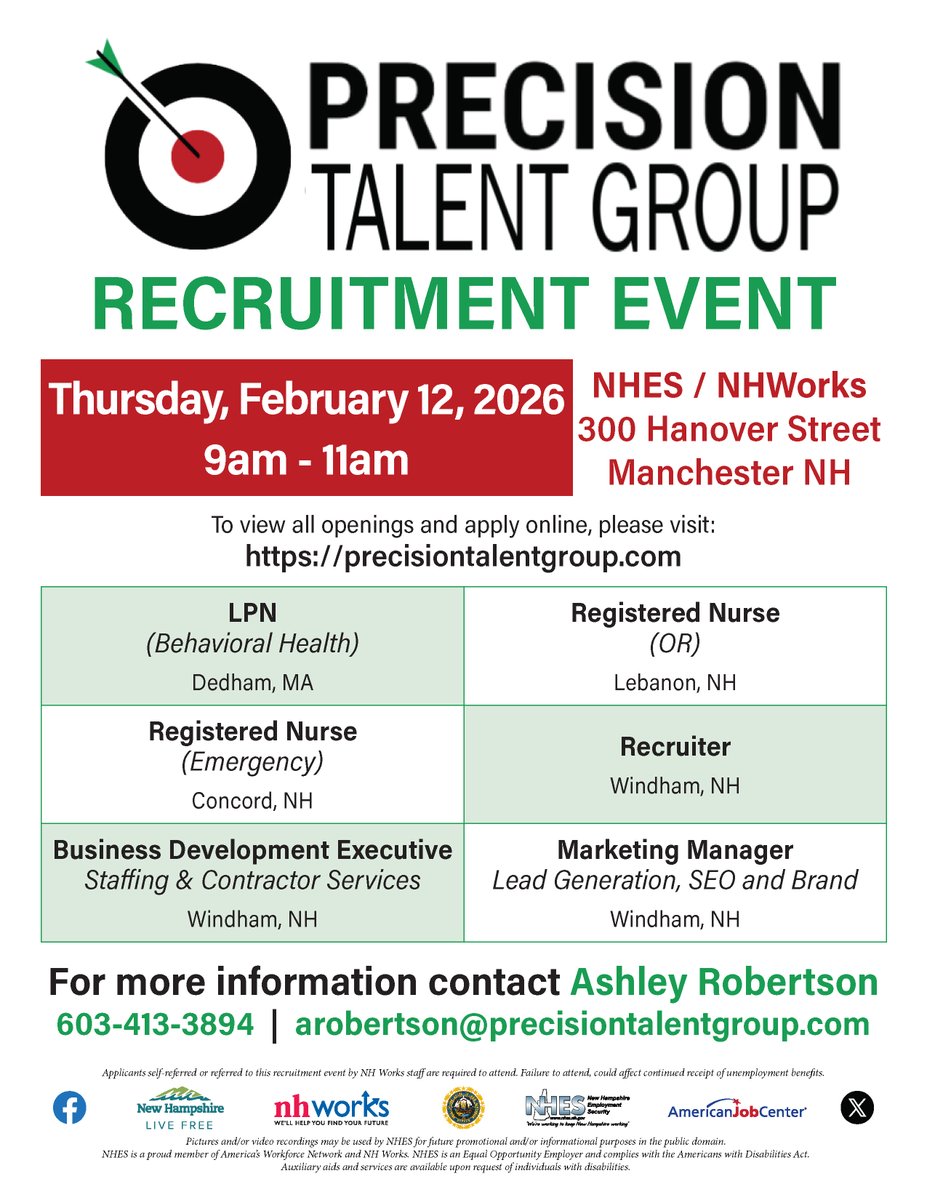 NHESWorking's tweet image. Precision Talent Group Recruitment Event
Thursday, February 12, 2026
9:00am - 11:00am

NHES / NHWorks
300 Hanover Street
Manchester, NH 03104

#NHWorks #NHES #JobsInNH #NHJobs