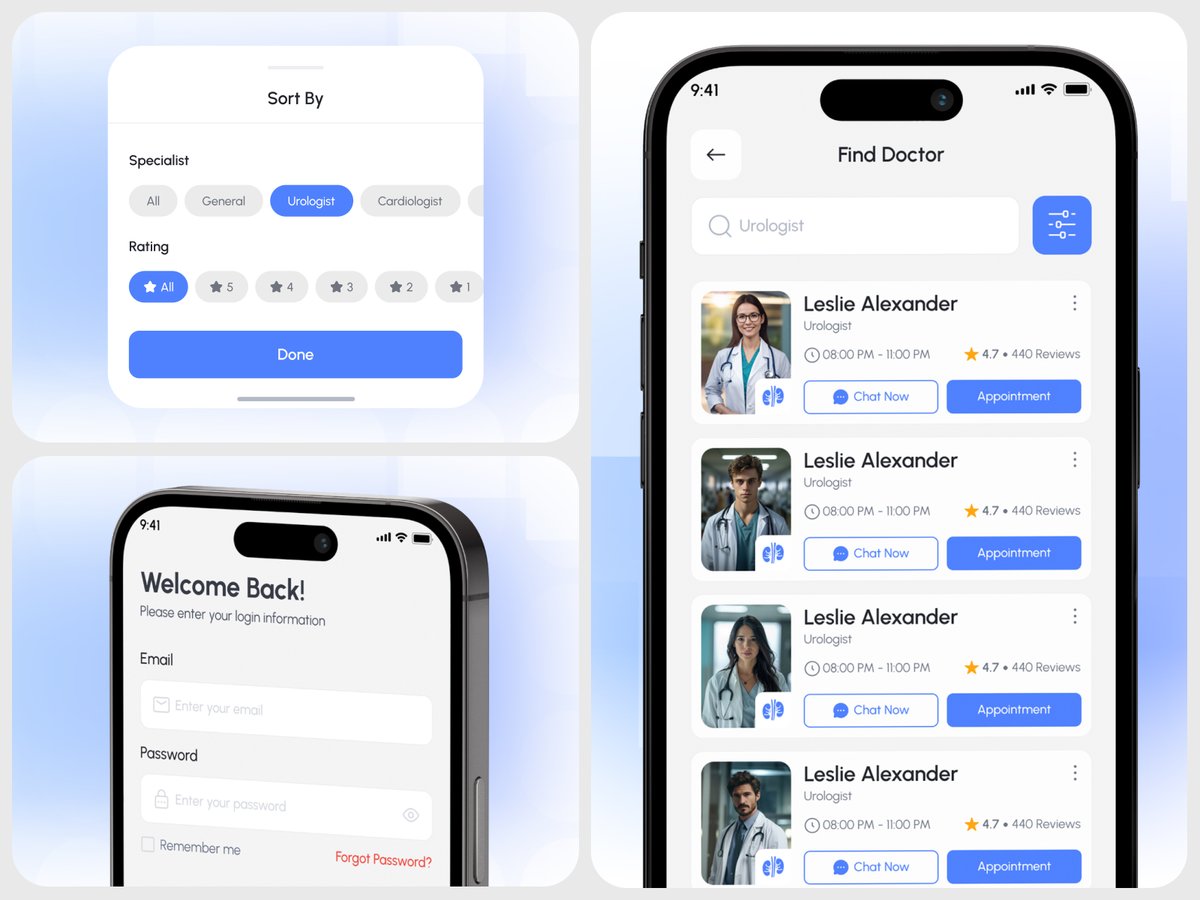 uiux_yasin's tweet photo. Healthcare App UI/UX concept 🩺

Doctor search, smart filters &amp; smooth appointment booking designed for clarity and ease of use.

"Clean. Modern. User-focused"

What do you think?

#UIUXDesign
#MobileAppDesign
#HealthcareApp
#DoctorBookingApp
#MedicalAppUI
#UIDesignInspiration https://t.co/e4tfpLohIT