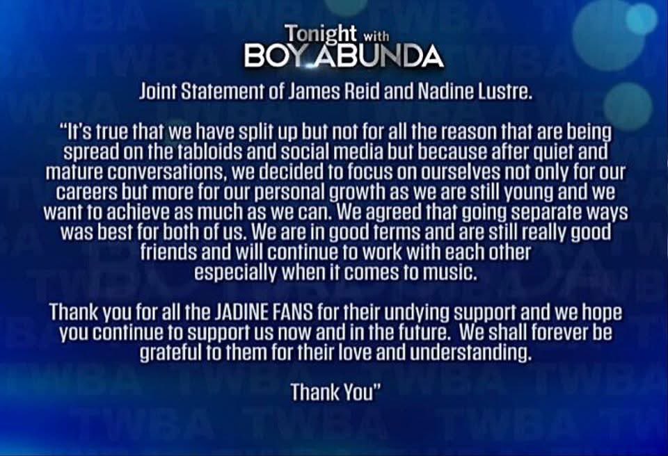 what happened in 2020?

remember when a joint statement from nadine and james was released on january 20, 2020, on tonight with boy abunda