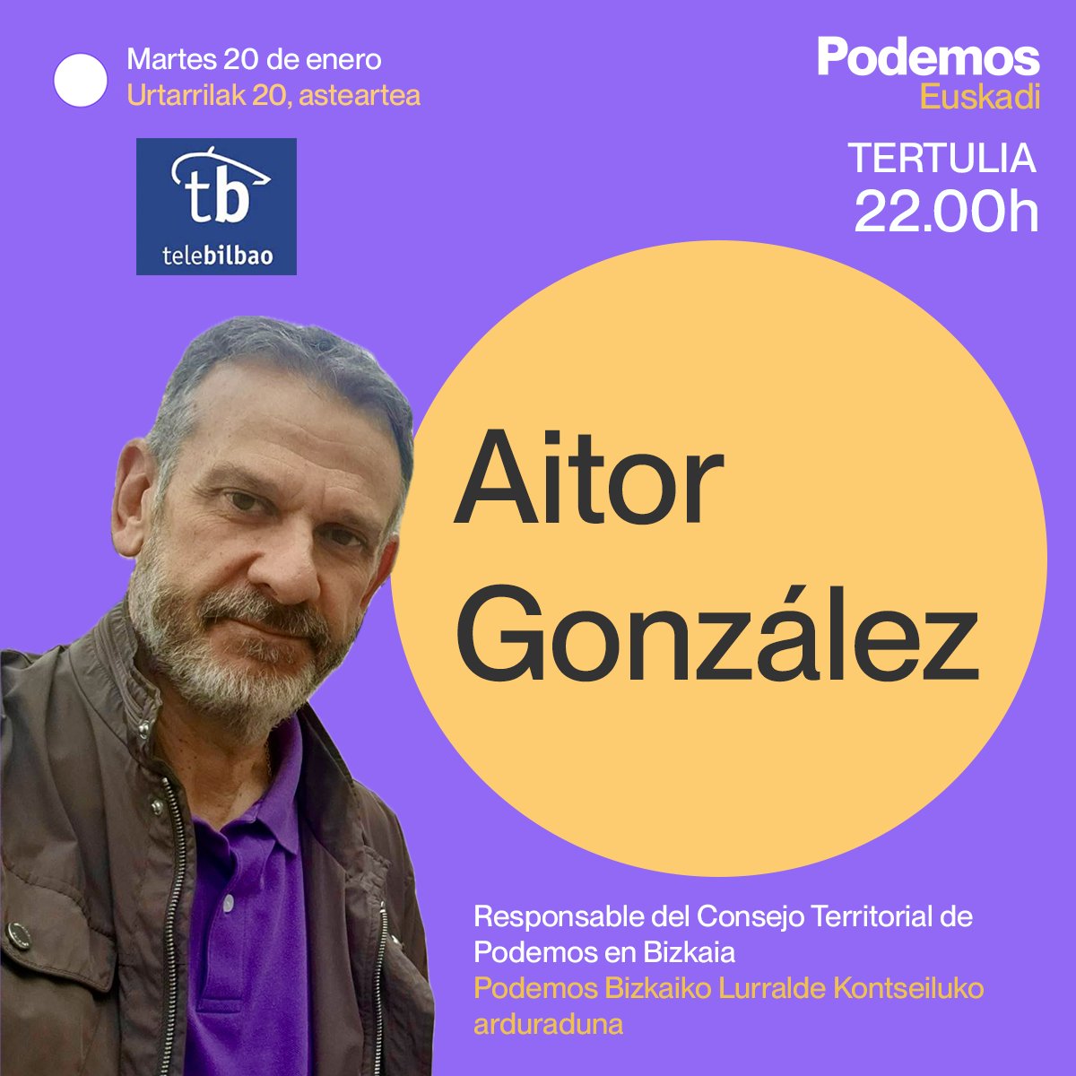 📺 Gaur, <a href="/AitorGlez14/">Aitor González</a>, Podemos Bizkaiko Lurralde Kontseiluko arduraduna, <a href="/TeleBilbao/">TeleBilbao Oficial</a>-ko solasaldian izango da.

⏰22.00

Ez hutsik egin‼️
