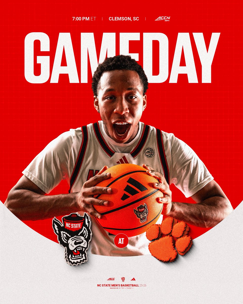 PackMensBball's tweet image. Battle in Clemson. 

🆚: Clemson
🕖: 7:00 PM ET
📍: Clemson, SC
📺: ACC Network