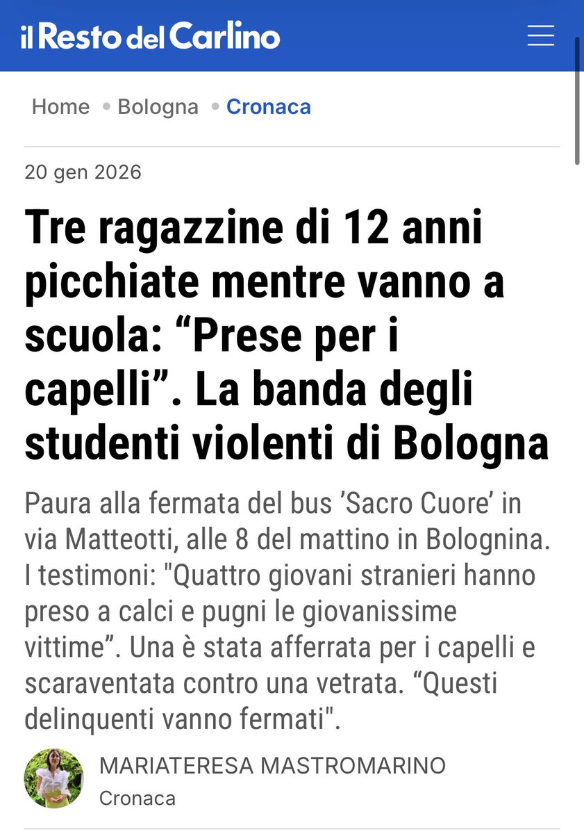 Bologna, mentre stavano andando a scuola, tre ragazzine di 12 anni sono state picchiate e afferrate per i capelli da 4 “italiani di seconda generazione” tra i 17 e i 18 anni. 

Che scusa si inventeranno ora i giornalisti progressisti?